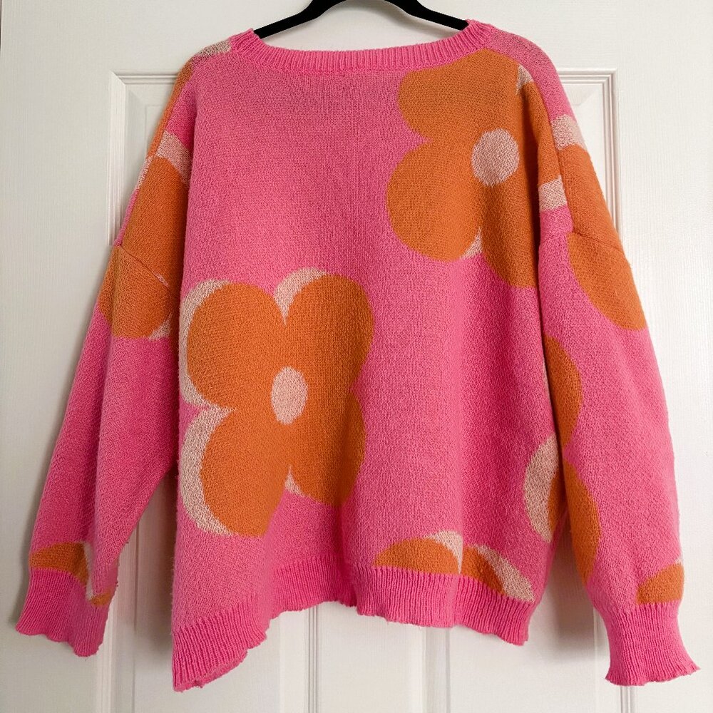 143 Story Pink & Orange Floral Cable Knitted Sweater, S - Picture 3 of 4
